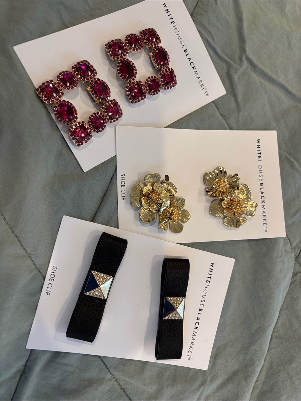 White House Black Market Fuchsia Crystal Square, Gold Floral, &Leather Shoe Clip